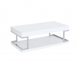 Homeroots 47" Chrome And White High Gloss Manufactured Wood And Metal Rectangular Coffee Table With Shelf   490518