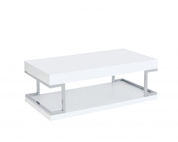 Homeroots 47" Chrome And White High Gloss Manufactured Wood And Metal Rectangular Coffee Table With Shelf   490518