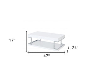 Homeroots 47" Chrome And White High Gloss Manufactured Wood And Metal Rectangular Coffee Table With Shelf   490518