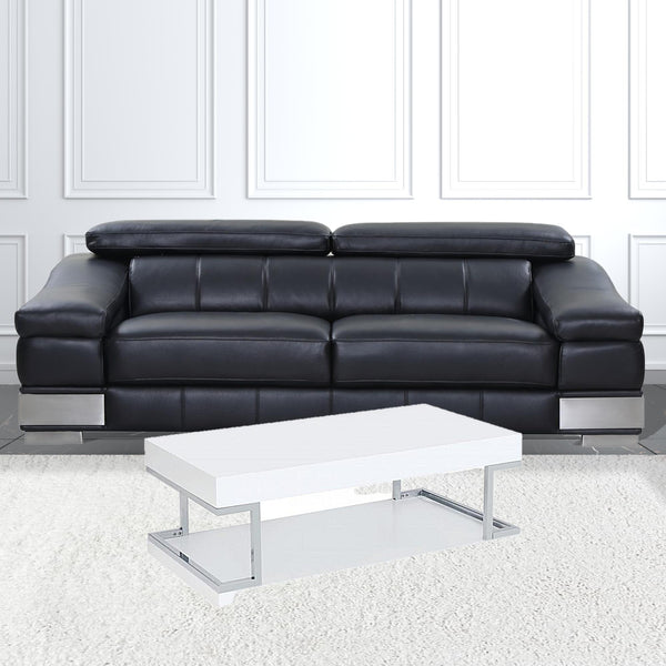 Homeroots 47" Chrome And White High Gloss Manufactured Wood And Metal Rectangular Coffee Table With Shelf   490518