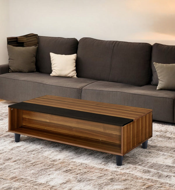 Homeroots 47" Brown And Black  Wood Lift Top Coffee Table With Shelf   490520
