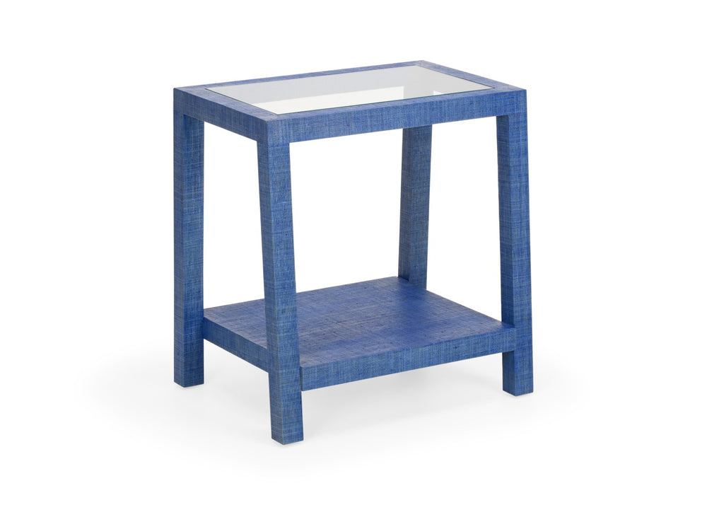 Wildwood Gaston Coastal Side Table In Blue Woven Raffia With Tempered Glass Shelves, Compact 26"H Accent Piece 490521