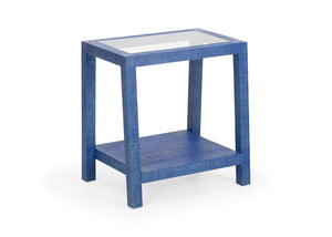 Wildwood Gaston Coastal Side Table In Blue Woven Raffia With Tempered Glass Shelves, Compact 26"H Accent Piece 490521
