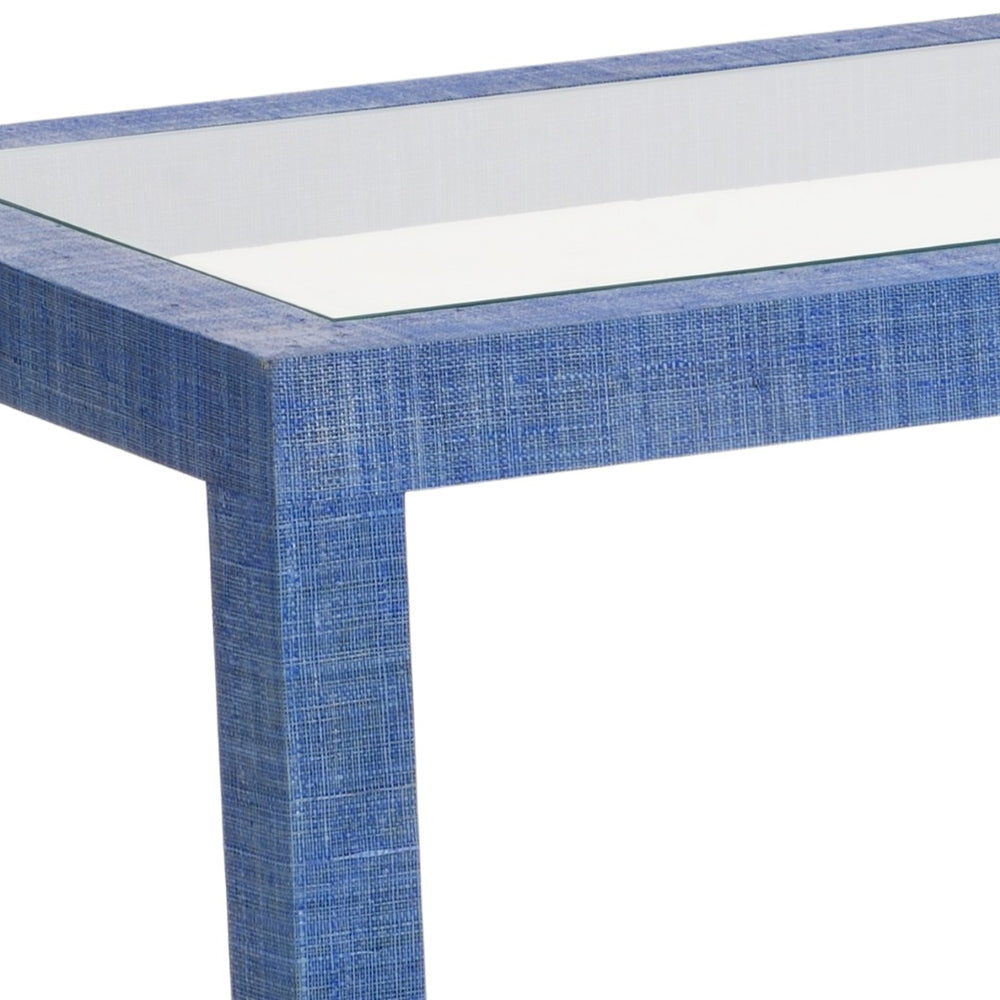Wildwood Gaston Coastal Side Table In Blue Woven Raffia With Tempered Glass Shelves, Compact 26"H Accent Piece 490521