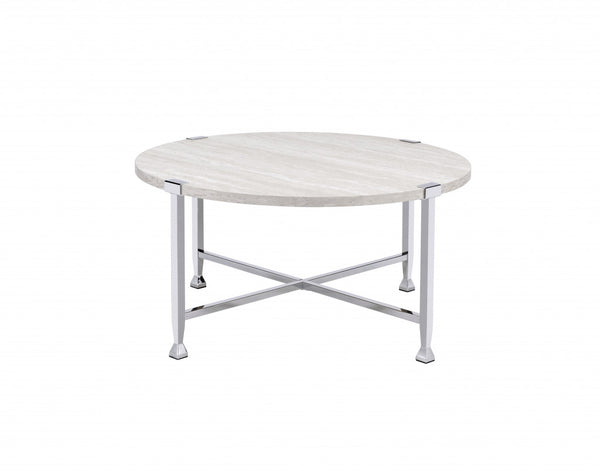 Homeroots 36" Chrome And White Oak Round Coffee Table   490522