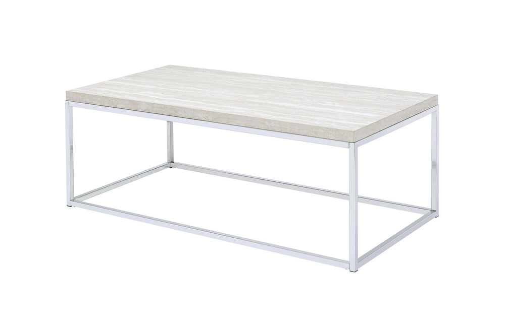 Homeroots 48" Chrome And White Oak Manufactured Wood And Metal Rectangular Coffee Table   490535