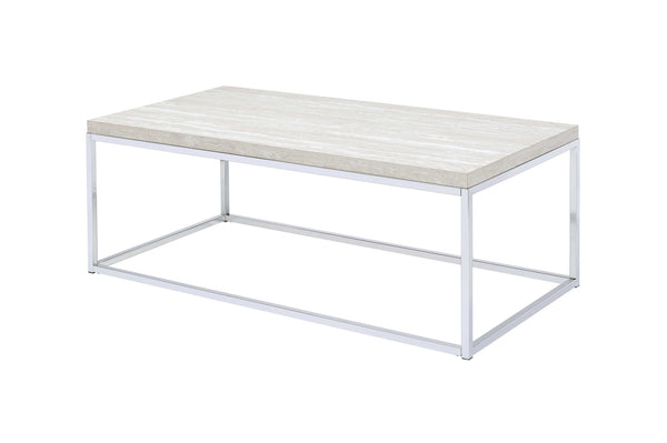 Homeroots 48" Chrome And White Oak Manufactured Wood And Metal Rectangular Coffee Table   490535