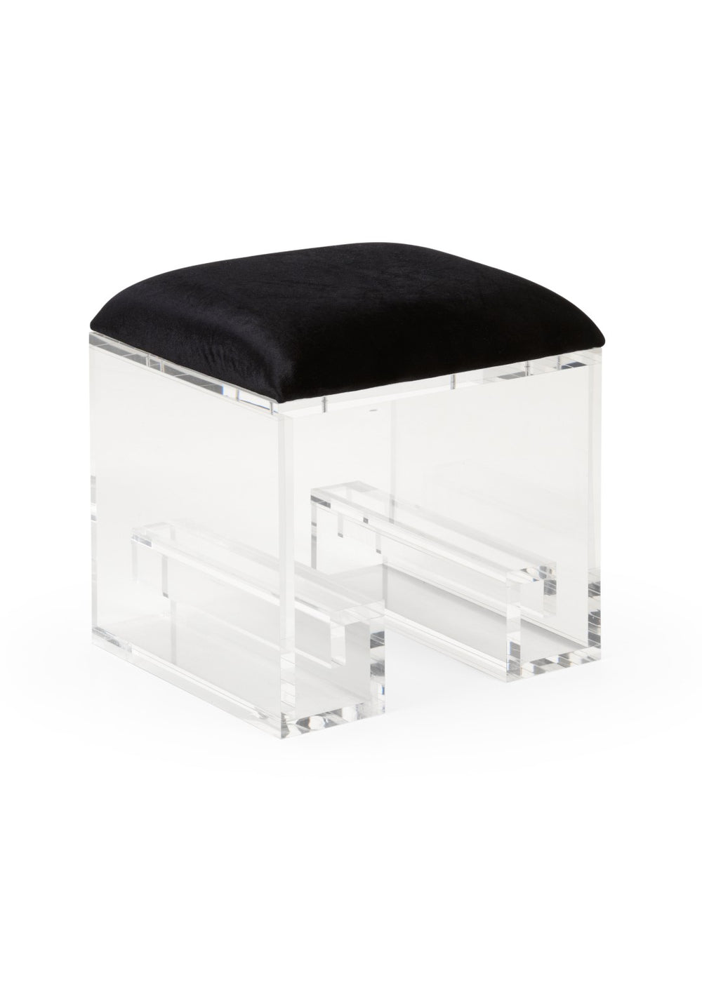 Wildwood Mykonos Sculptural Vanity Stool With Black Velour Cushion And Acrylic Greek Key Legs — Compact Glam 490543