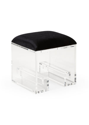 Wildwood Mykonos Sculptural Vanity Stool With Black Velour Cushion And Acrylic Greek Key Legs — Compact Glam 490543