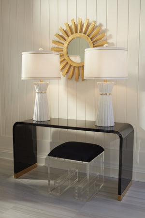 Wildwood Mykonos Sculptural Vanity Stool With Black Velour Cushion And Acrylic Greek Key Legs — Compact Glam 490543