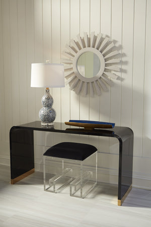 Wildwood Mykonos Sculptural Vanity Stool With Black Velour Cushion And Acrylic Greek Key Legs — Compact Glam 490543