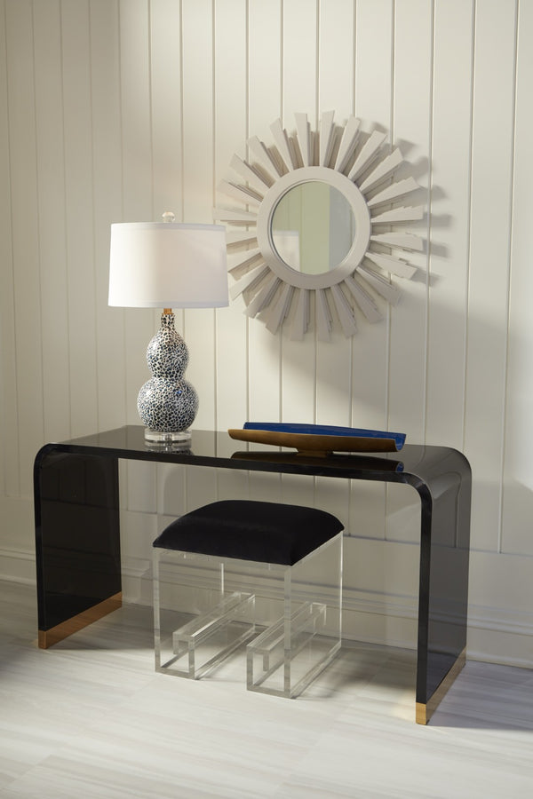 Wildwood Mykonos Sculptural Vanity Stool With Black Velour Cushion And Acrylic Greek Key Legs — Compact Glam 490543