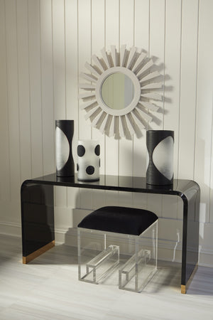 Wildwood Mykonos Sculptural Vanity Stool With Black Velour Cushion And Acrylic Greek Key Legs — Compact Glam 490543