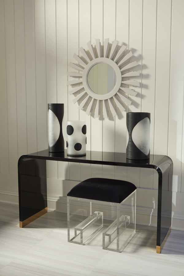 Wildwood Mykonos Sculptural Vanity Stool With Black Velour Cushion And Acrylic Greek Key Legs — Compact Glam 490543