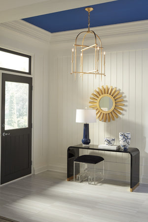 Wildwood Mykonos Sculptural Vanity Stool With Black Velour Cushion And Acrylic Greek Key Legs — Compact Glam 490543