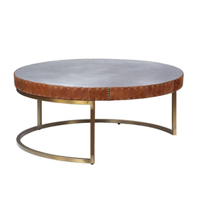 Homeroots 36" Brown And Silver Leather And Metal Round Coffee Table   490544