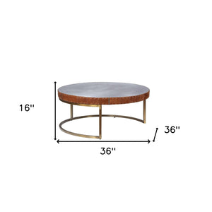 Homeroots 36" Brown And Silver Leather And Metal Round Coffee Table   490544