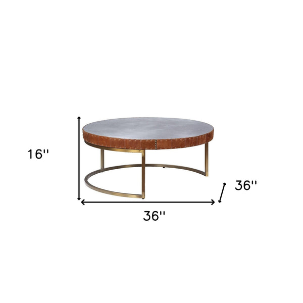 Homeroots 36" Brown And Silver Leather And Metal Round Coffee Table   490544