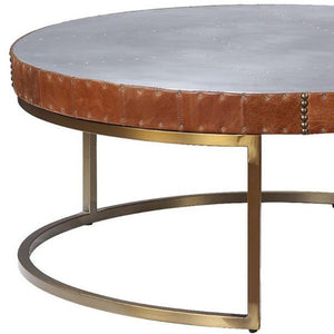 Homeroots 36" Brown And Silver Leather And Metal Round Coffee Table   490544