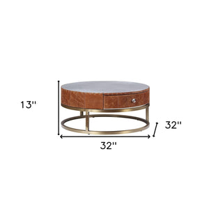 Homeroots 32" Cocoa And Silver Aluminum Round Coffee Table With Drawer   490545