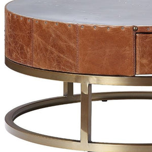 Homeroots 32" Cocoa And Silver Aluminum Round Coffee Table With Drawer   490545