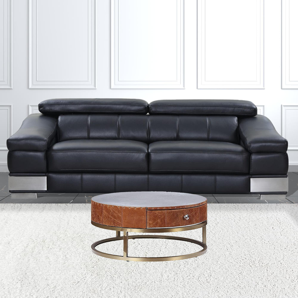 Homeroots 32" Cocoa And Silver Aluminum Round Coffee Table With Drawer   490545