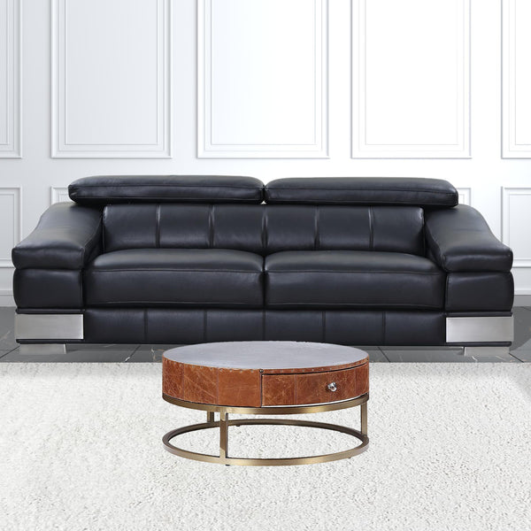 Homeroots 32" Cocoa And Silver Aluminum Round Coffee Table With Drawer   490545