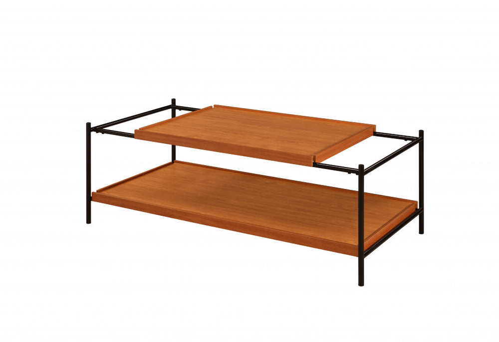 Homeroots 48" Black And Honey Oak Rectangular Coffee Table With Shelf   490551