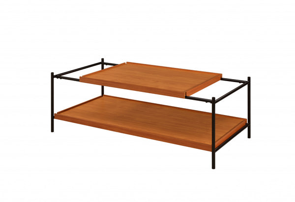 Homeroots 48" Black And Honey Oak Rectangular Coffee Table With Shelf   490551