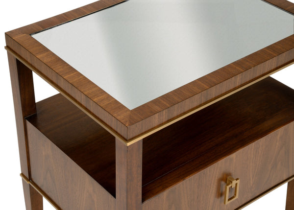 Wildwood Brady Walnut Bedside Table With Antiqued Mirrored Drawer, Compact Shelf Storage, Timeless Vintage Charm 490555