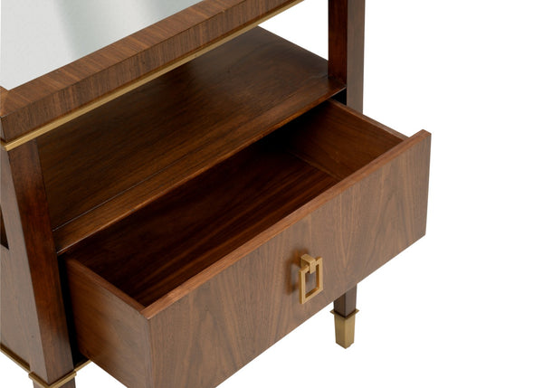Wildwood Brady Walnut Bedside Table With Antiqued Mirrored Drawer, Compact Shelf Storage, Timeless Vintage Charm 490555
