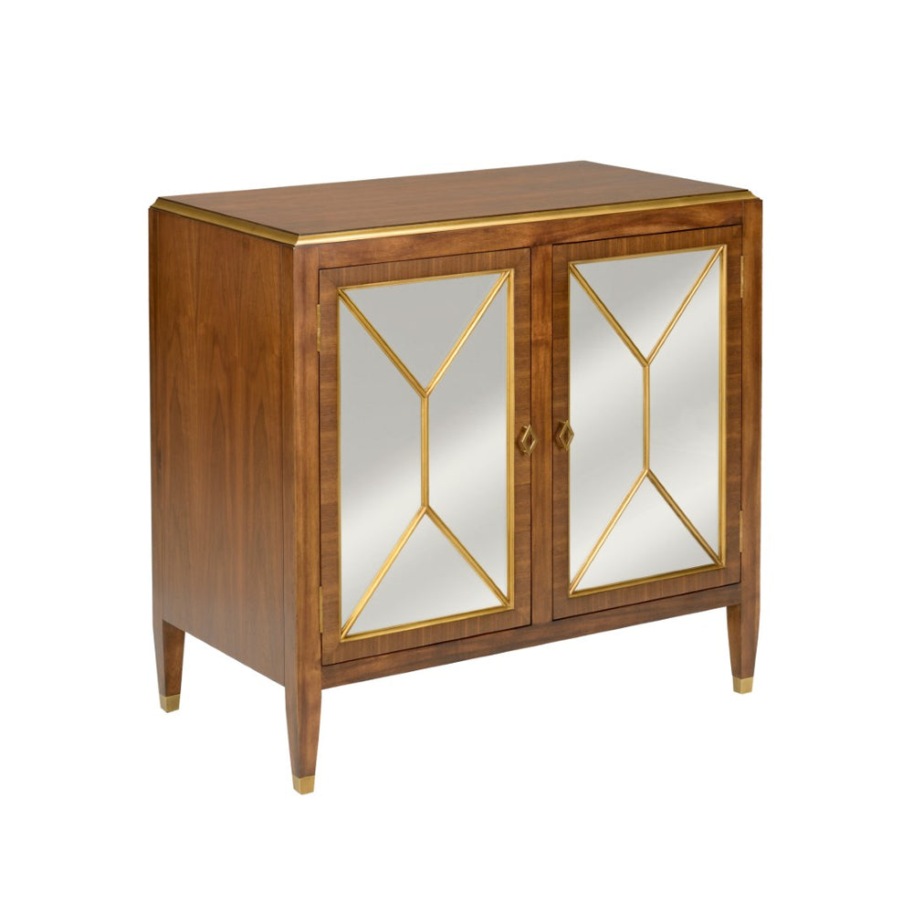 Wildwood Amanda Walnut Cabinet With Antique Mirrored Doors & Brass Trim — Vintage Storage For Entryways 490560