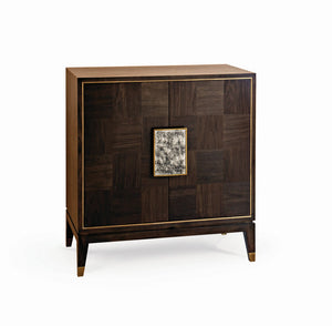 Wildwood Andros Black Walnut Cabinet With Checkerboard Veneer, Brass Accents, Antique Mirror & Tapered Legs 490561