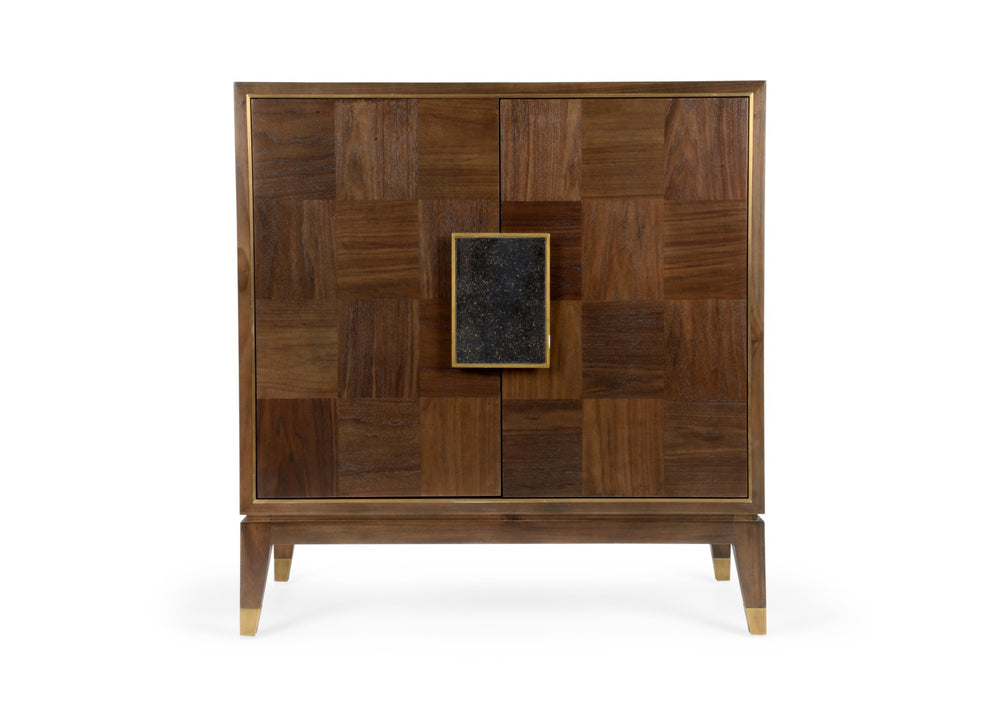 Wildwood Andros Black Walnut Cabinet With Checkerboard Veneer, Brass Accents, Antique Mirror & Tapered Legs 490561