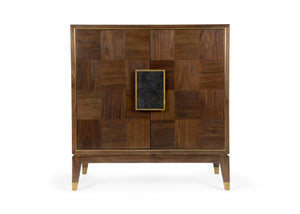 Wildwood Andros Black Walnut Cabinet With Checkerboard Veneer, Brass Accents, Antique Mirror & Tapered Legs 490561