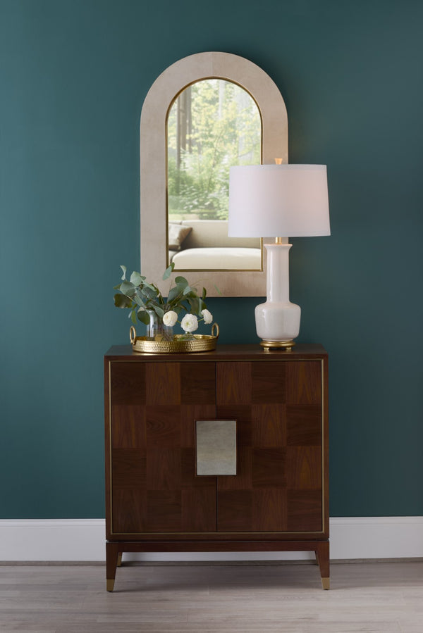 Wildwood Andros Black Walnut Cabinet With Checkerboard Veneer, Brass Accents, Antique Mirror & Tapered Legs 490561