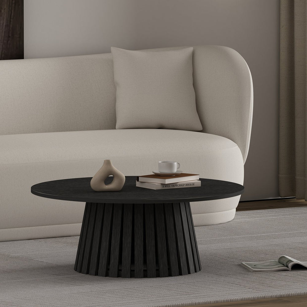 English Elm Layla Round Coffee Table with Slatted Conical Base, Wood Grain Finish, 35.4" Top for Stylish Living Room Decor Black B365P398087