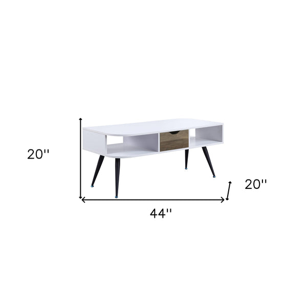 Homeroots 44" Black And White Melamine Veneer And Metal Rectangular Coffee Table With Drawer And Shelf   490563