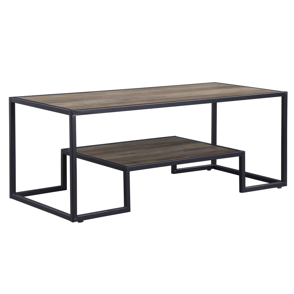Homeroots 45" Black And Rustic Oak Paper Veneer And Metal Rectangular Coffee Table With Shelf   490565