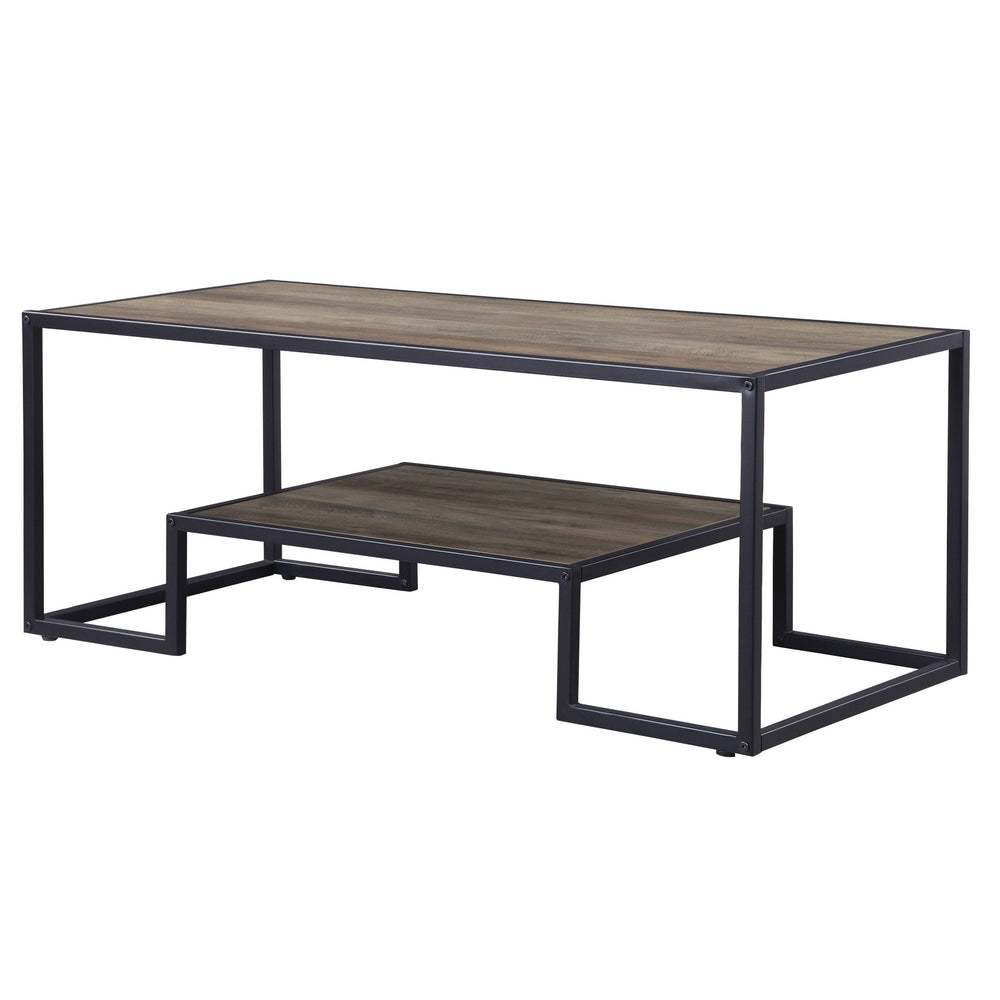 Homeroots 45" Black And Rustic Oak Paper Veneer And Metal Rectangular Coffee Table With Shelf   490565