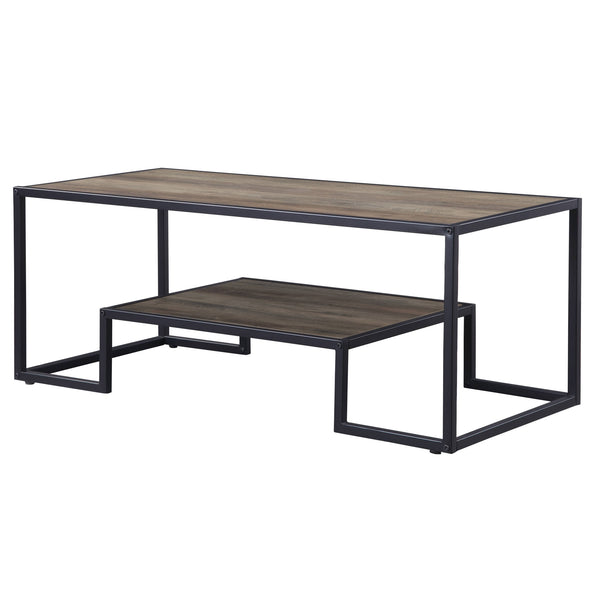 Homeroots 45" Black And Rustic Oak Paper Veneer And Metal Rectangular Coffee Table With Shelf   490565