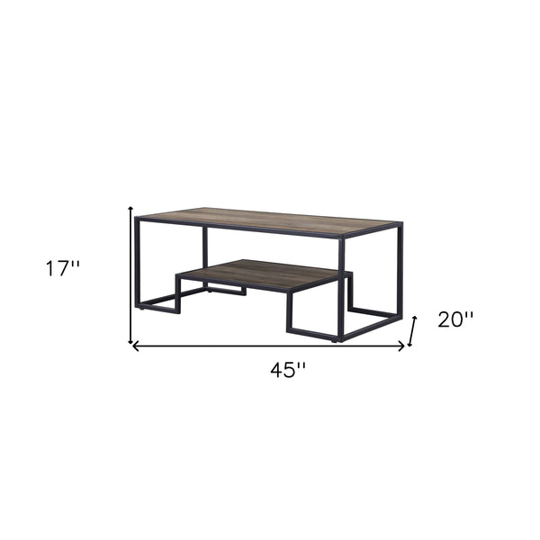 Homeroots 45" Black And Rustic Oak Paper Veneer And Metal Rectangular Coffee Table With Shelf   490565