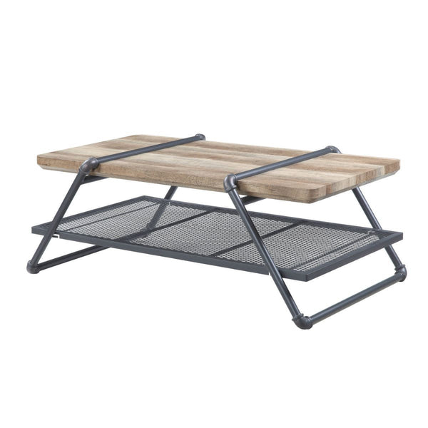 Homeroots 47" Sandy Gray And Oak Paper Veneer And Metal Rectangular Coffee Table With Shelf   490566