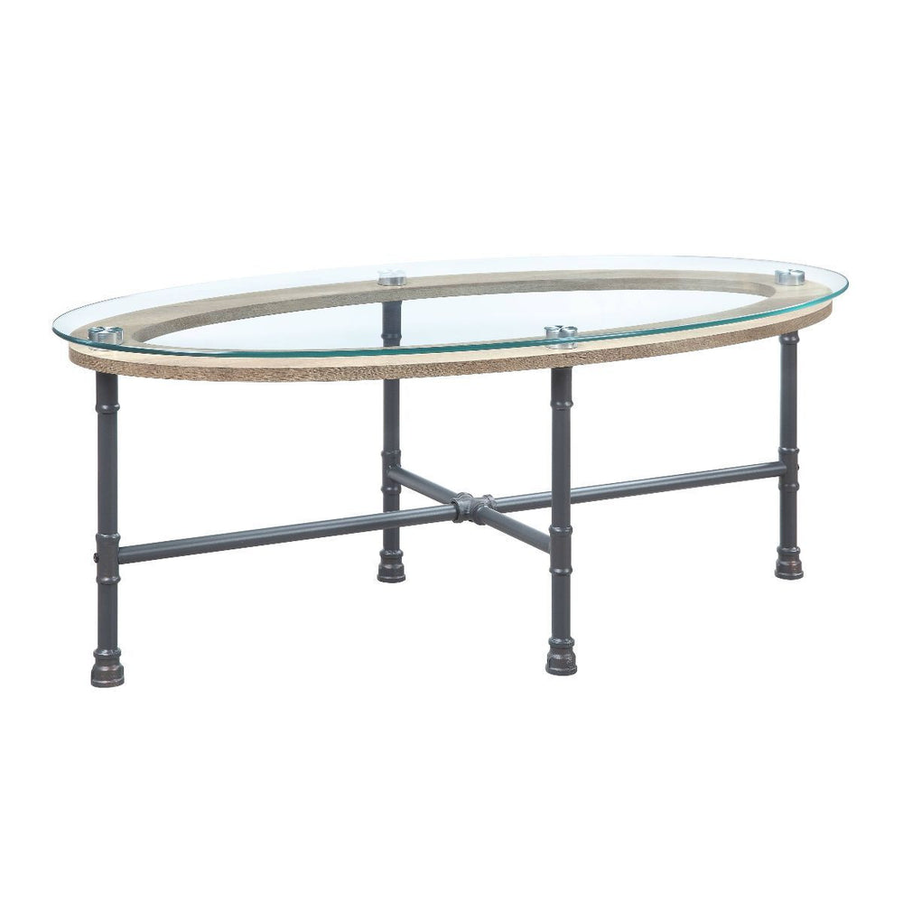 Homeroots 47" Sandy Gray And Clear Glass And Metal Oval Coffee Table   490567