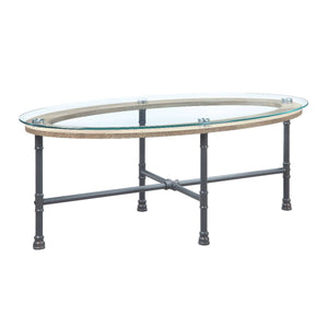 Homeroots 47" Sandy Gray And Clear Glass And Metal Oval Coffee Table   490567