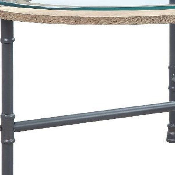 Homeroots 47" Sandy Gray And Clear Glass And Metal Oval Coffee Table   490567