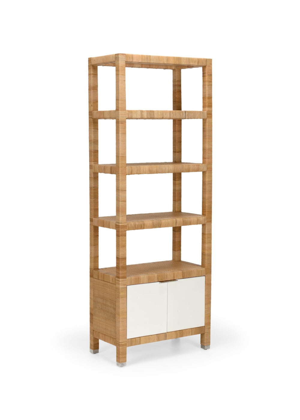 Wildwood Mimo Rattan Etagere With Cabinet — Slim 82" Vertical Storage, Open Shelves & Nickel Handles, Coastal Chic 490570