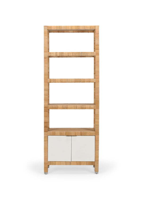 Wildwood Mimo Rattan Etagere With Cabinet — Slim 82" Vertical Storage, Open Shelves & Nickel Handles, Coastal Chic 490570