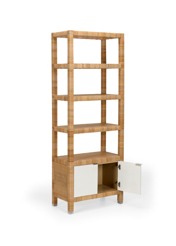 Wildwood Mimo Rattan Etagere With Cabinet — Slim 82" Vertical Storage, Open Shelves & Nickel Handles, Coastal Chic 490570