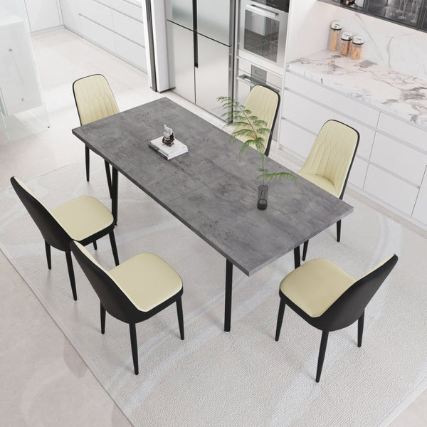 English Elm 55.12-70.87" Expandable Dining Set 7 Piece Industrial Mdf Table with Pu Upholstered Chairs Beige+Grey,Black W2189S00911